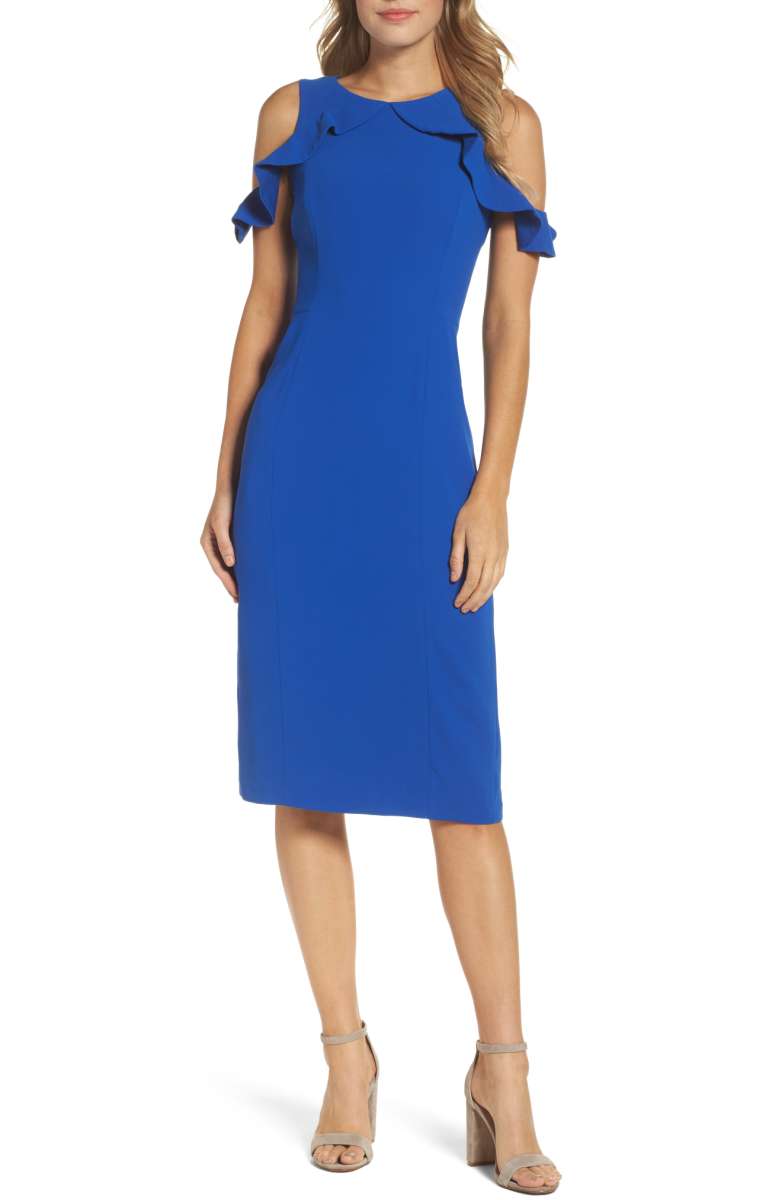 MAGGY LONDON Cold Shoulder Sheath Dress Patriot Blue ruffle sheath dresses fall wedding guests