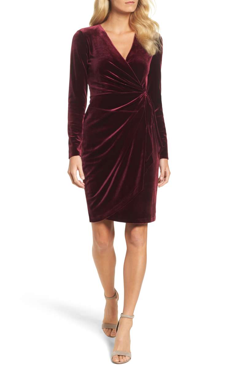 MAGGY LONDON Velvet Faux Wrap Dress Wine wrap dresses fall 2017