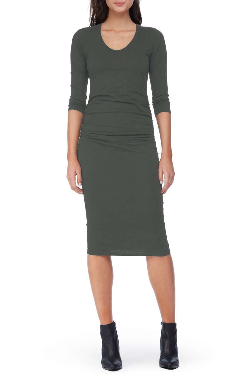 MICHAEL STARS Ruched Midi Dress Olive Moss Green ruched dresses fall 2017