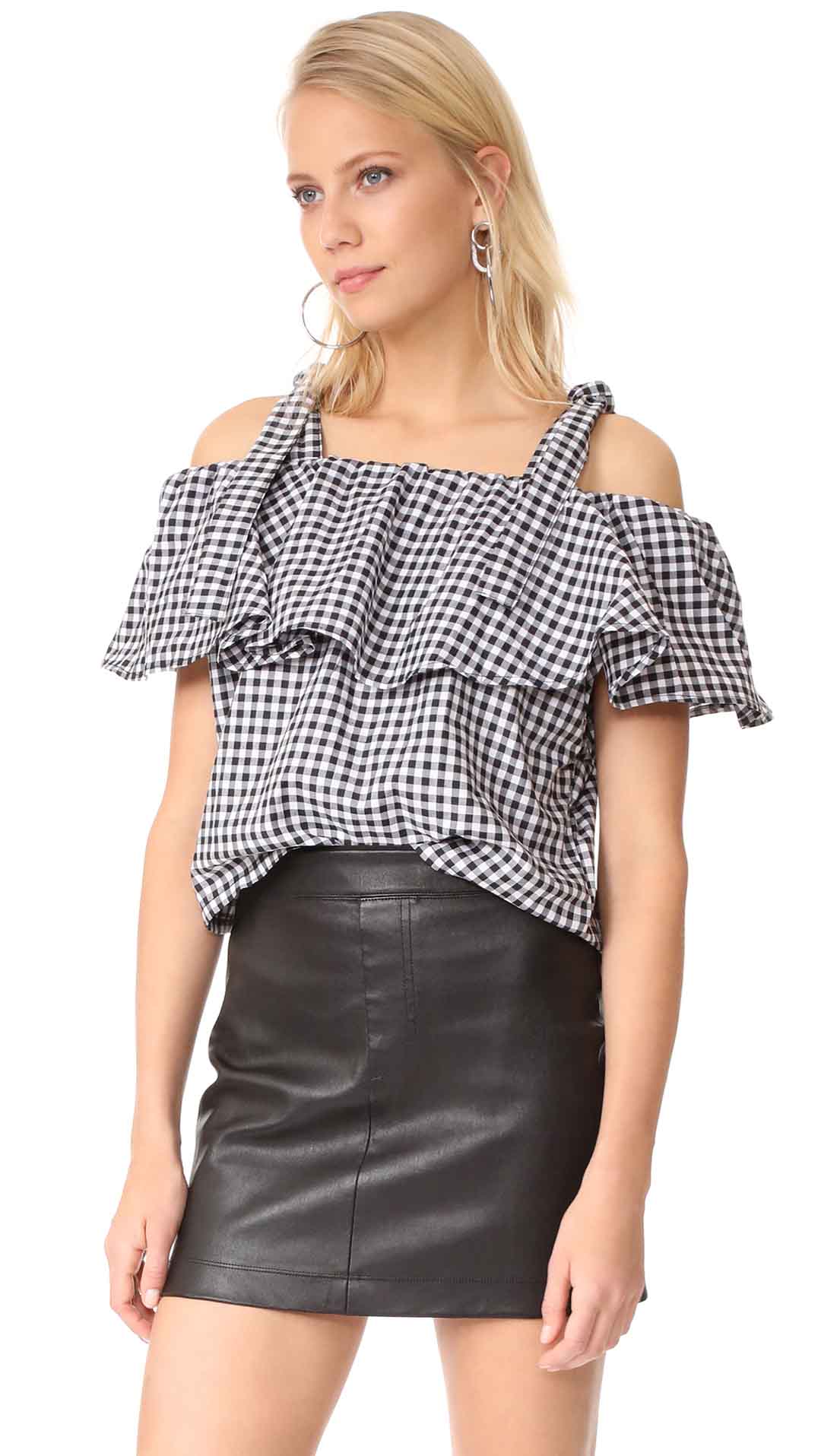 MLM LABEL Tobin Ruffle Cold Shoulder Top Black White Gingham shopbop labor day sale