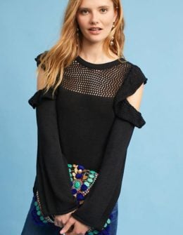 Maeve Ruffled Open-Shoulder Pullover Black ruffle cold shoulder sweaters fall 2017
