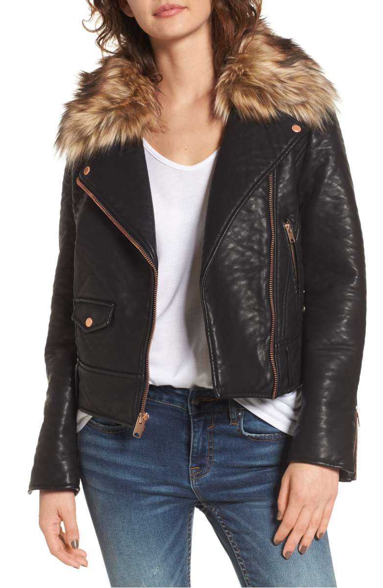 Marc New York Andrew Marc Beverly Faux Leather Jacket with Faux Fur Trim Black