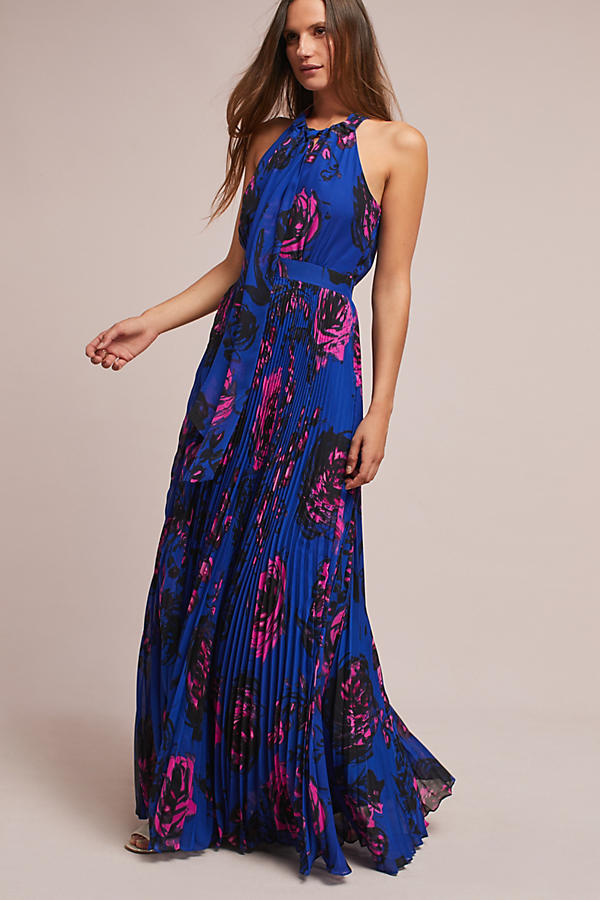 Nicole Miller New York Darien Halter Maxi Dress Blue Floral Print fall wedding guests