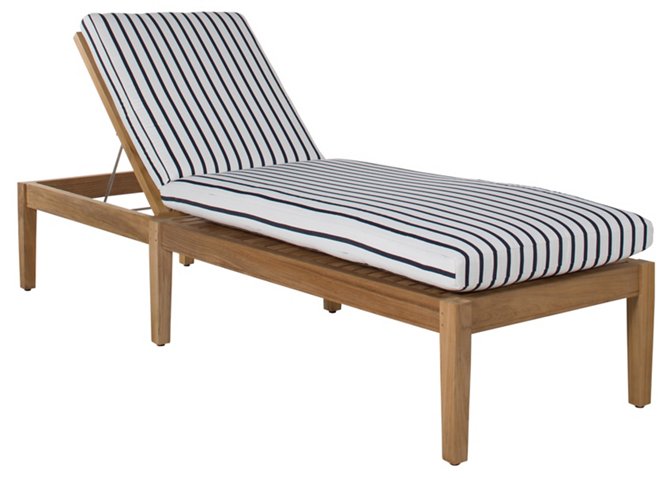 ONE KINGS LANE OUTDOOR Aviva Teak Chaise, Indigo/White Sunbrella one kings lane summer clearance sale