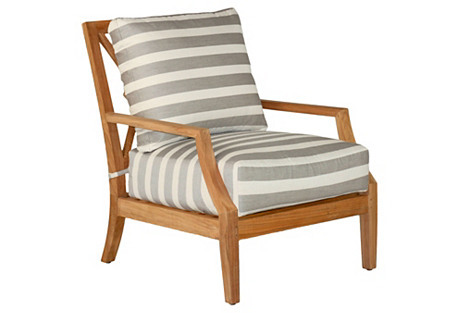 One Kings Lane Outdoor Aviva Teak Lounge Chair, Gray/White Sunbrella one kings lane summer clearance sale