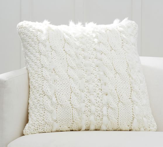 Pottery Barn CABLE KNIT WITH FAUX FUR PILLOW COVER Taupe pottery barn fall decorating sale 