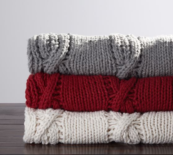 Pottery Barn CHUNKY KNIT THROW Ivory Heathered Gray Cardinal Red throw blankets sale