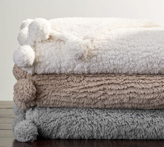 Pottery Barn COZY POM POM THROW Ivory Light Khaki Smoke Gray Blue pottery barn warehouse sale
