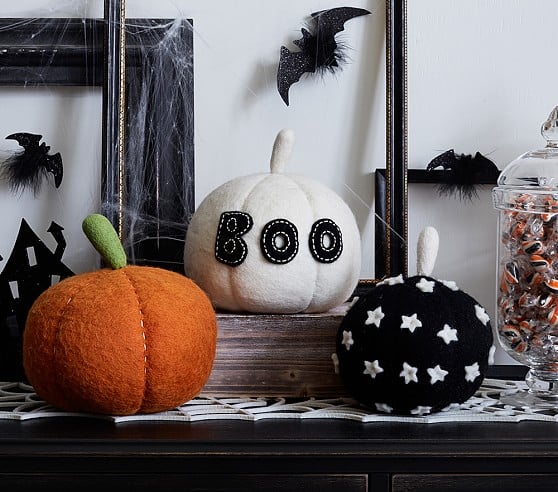Pottery Barn Kids Felt Pumpkin Decor black white pumpkin, orange boo stars halloween home decor sale