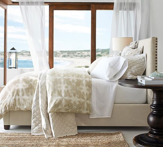 Pottery Barn RALEIGH UPHOLSTERED SQUARE TALL BED & HEADBOARD pottery barn warehouse sale