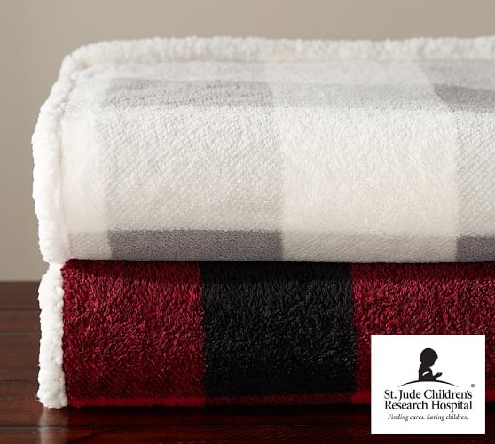 Pottery Barn ST. JUDE THANKS AND GIVING® BUFFALO CHECK SHERPA BACK THROW Red Black Gray pottery barn premier sale