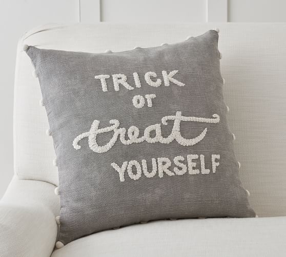 Pottery Barn TRICK OR TREAT YOURSELF EMBROIDERED PILLOW COVER pottery barn fall decorating sale