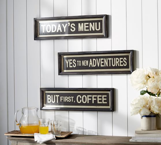 Pottery Barn VINTAGE QUOTE SIGN But first coffee today's menu yes to new adventures Premier sale