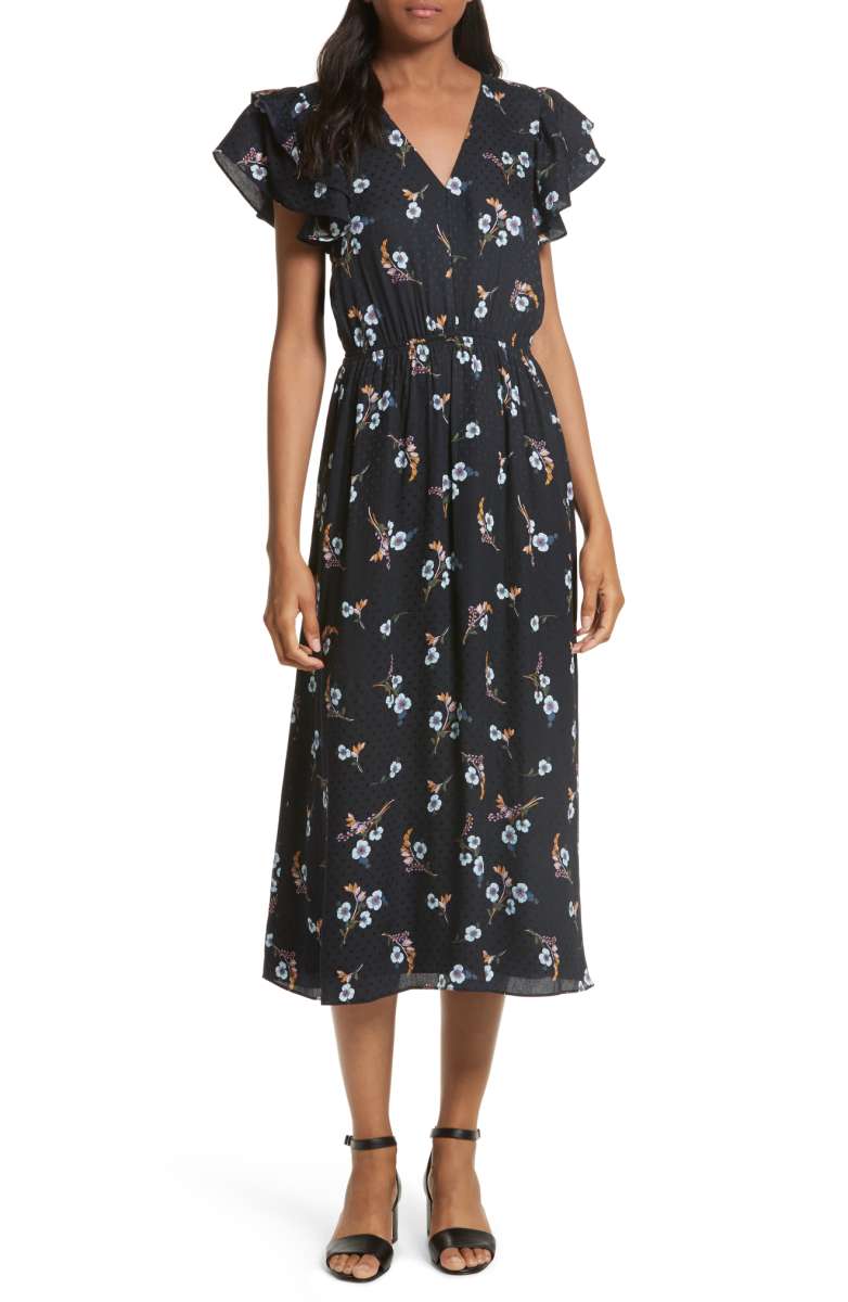 REBECCA TAYLOR Natalie Fleur Silk Midi Dress Dark Navy Combo Fall floral Print Dresses 