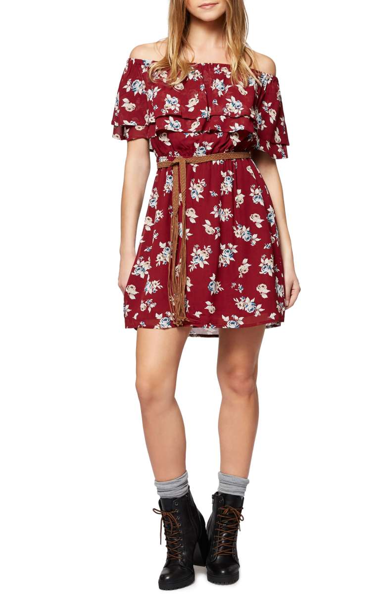 SANCTUARY Skylar Off the Shoulder Floral Dress Paris Rose Red fall floral print dresses 