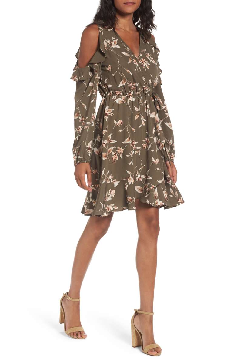 SOPRANO Cold Shoulder Faux Wrap Dress Olive Green fall floral print dresses 