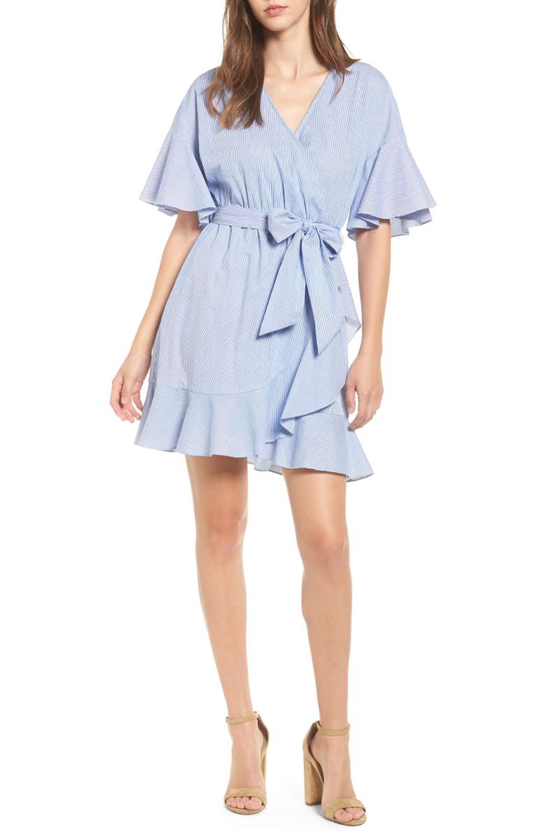 SOPRANO Stripe Wrap Dress Blue Stripe Bow Detail 