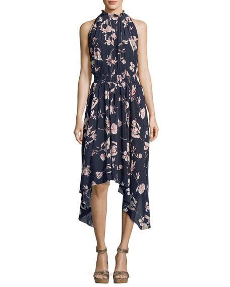 Shoshanna Barra High-Neck Sleeveless Floral-Print Silk Midi Dress Navy Blue fall floral print dresses 