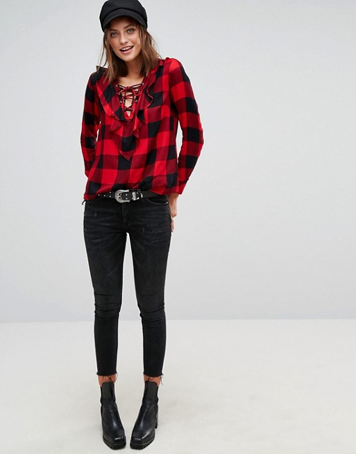 Stradivarius Check Lace Up Shirt Red buffalo check plaid shirts fall 2017 under 100 dollars
