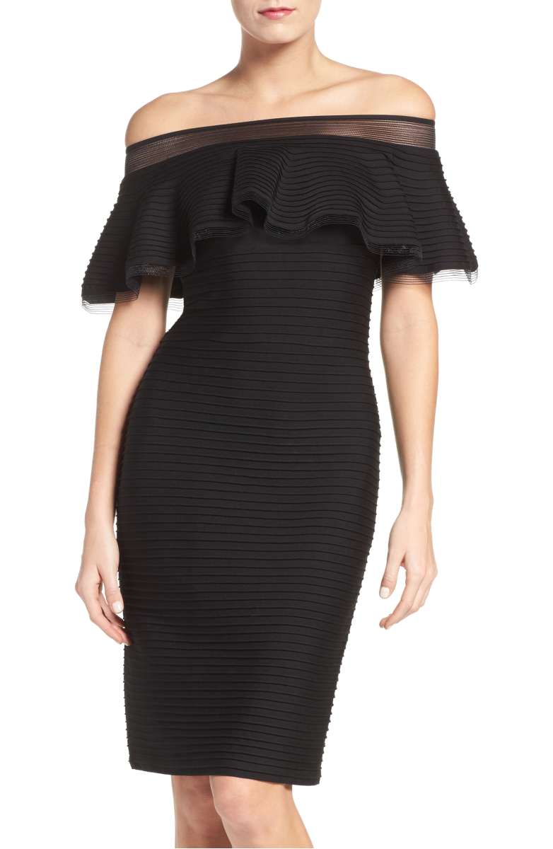 TADASHI SHOJI Jersey Off The Shoulder Sheath Dress Black ruffle sheath dresses fall wedding guests 