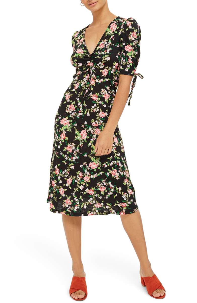 TOPSHOP Floral Ruched Midi Dress Black Multi fall floral print dresses