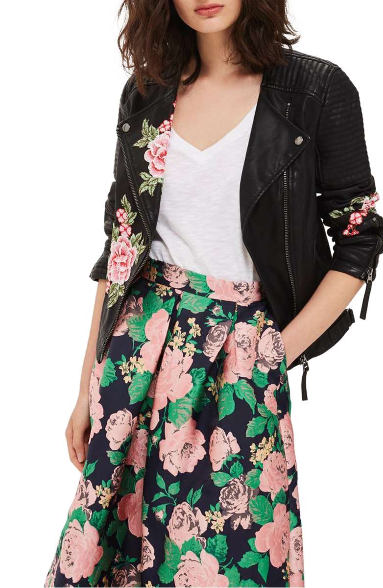 TOPSHOP Luna Floral Patch Faux Leather Biker Jacket Black faux leather moto jackets fall 2017