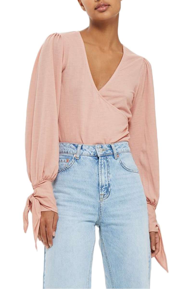 TOPSHOP Wrap Front Tie Sleeve Top Pink tie sleeve tops fall 2017