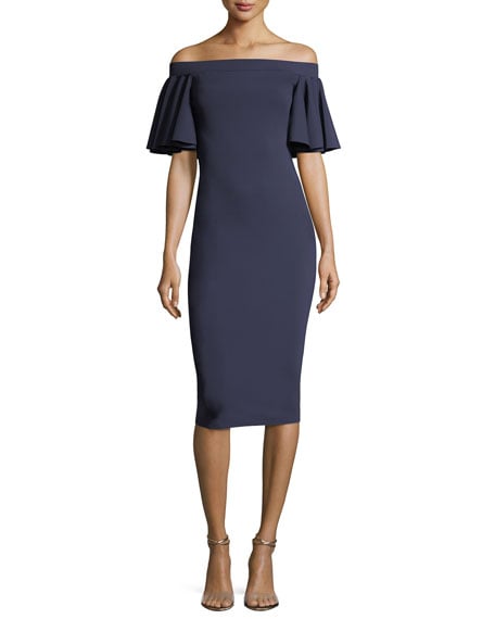 Trina Turk Off-the-Shoulder Ruffle Sleeve Sheath Cocktail Dress Indigo fall wedding guests 