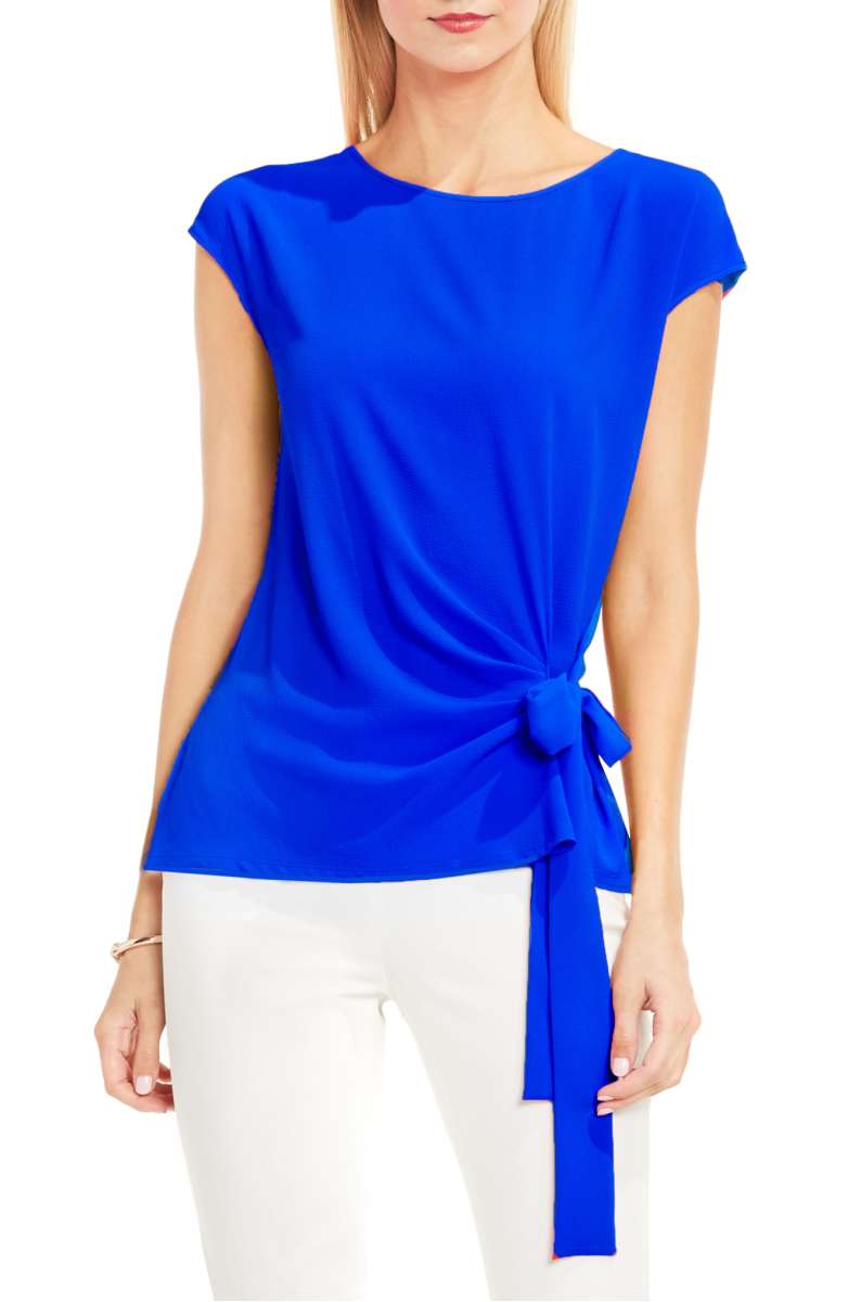 VINCE CAMUTO Mixed Media Tie Front Blouse Vivid Blue side tie tops fall 2017