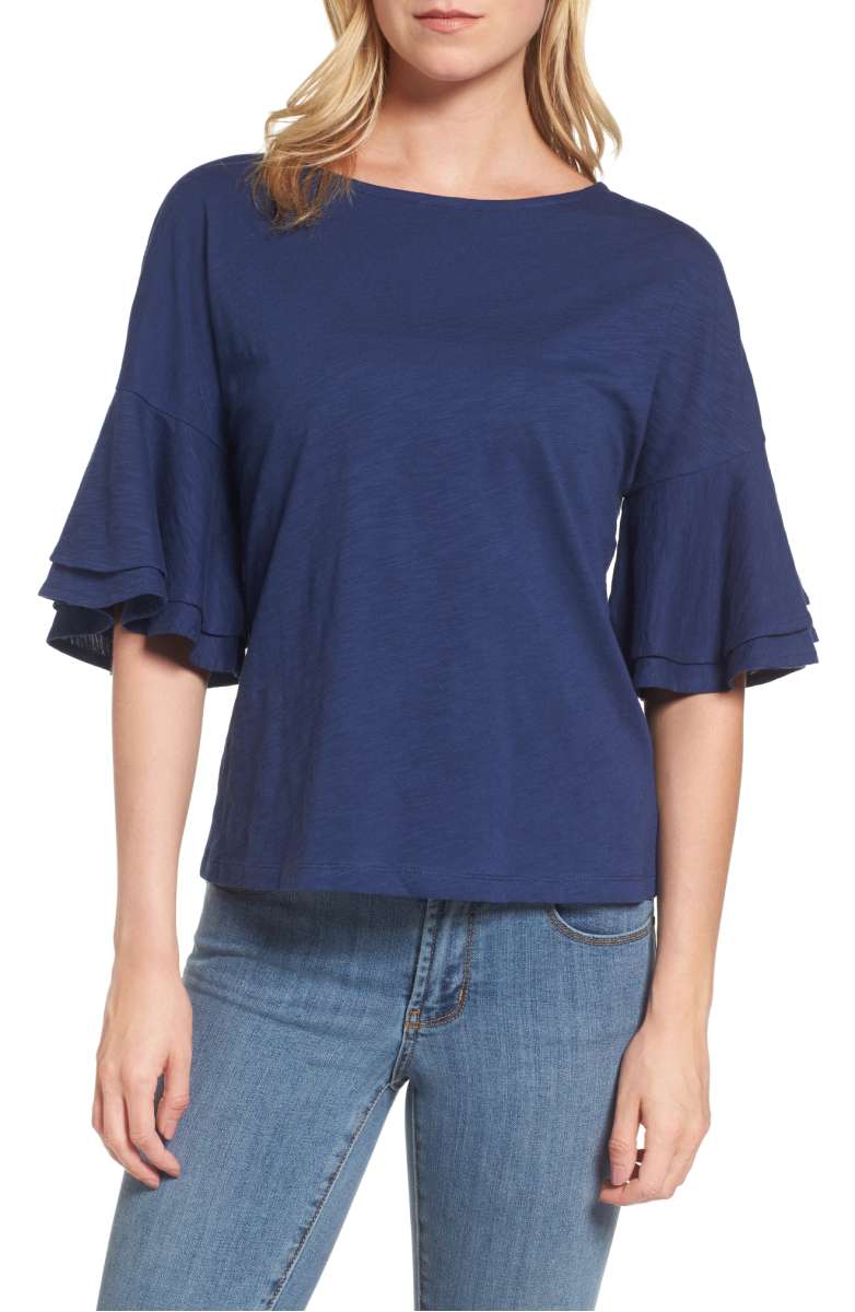 VINEYARD VINES Button Back Bell Sleeve Top Deep Bay Blue 