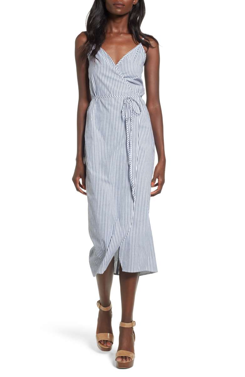 WAYF Wrap Midi Dress Stripes black white blue white wrap dresses fall 2017