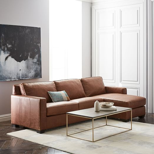 West Elm Henry 2-Piece Pull-Down Leather Full Sleeper Sectional + Storage Tobacco Cocoa clearance sale