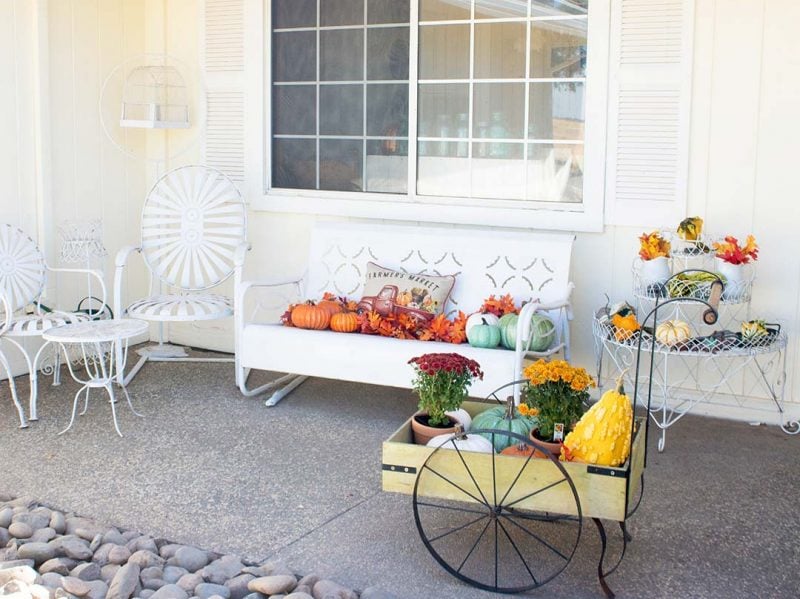 candace rose anderson fall porch garden cart pumpkins vintage furniture mums flowers candieanderson blog