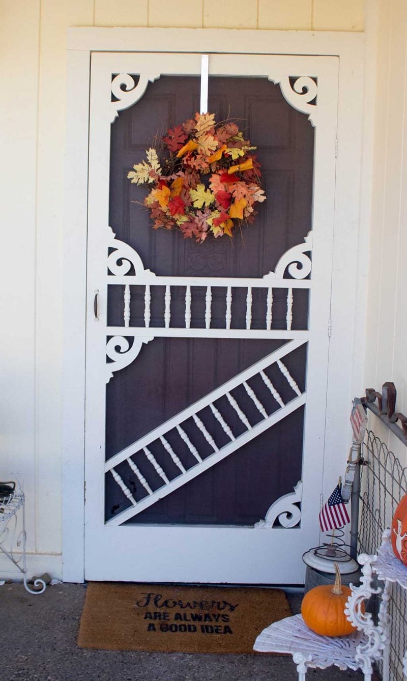 candace rose anderson front door vintage screen flowers are always a great idea fall porch pumpkins candieanderson blog