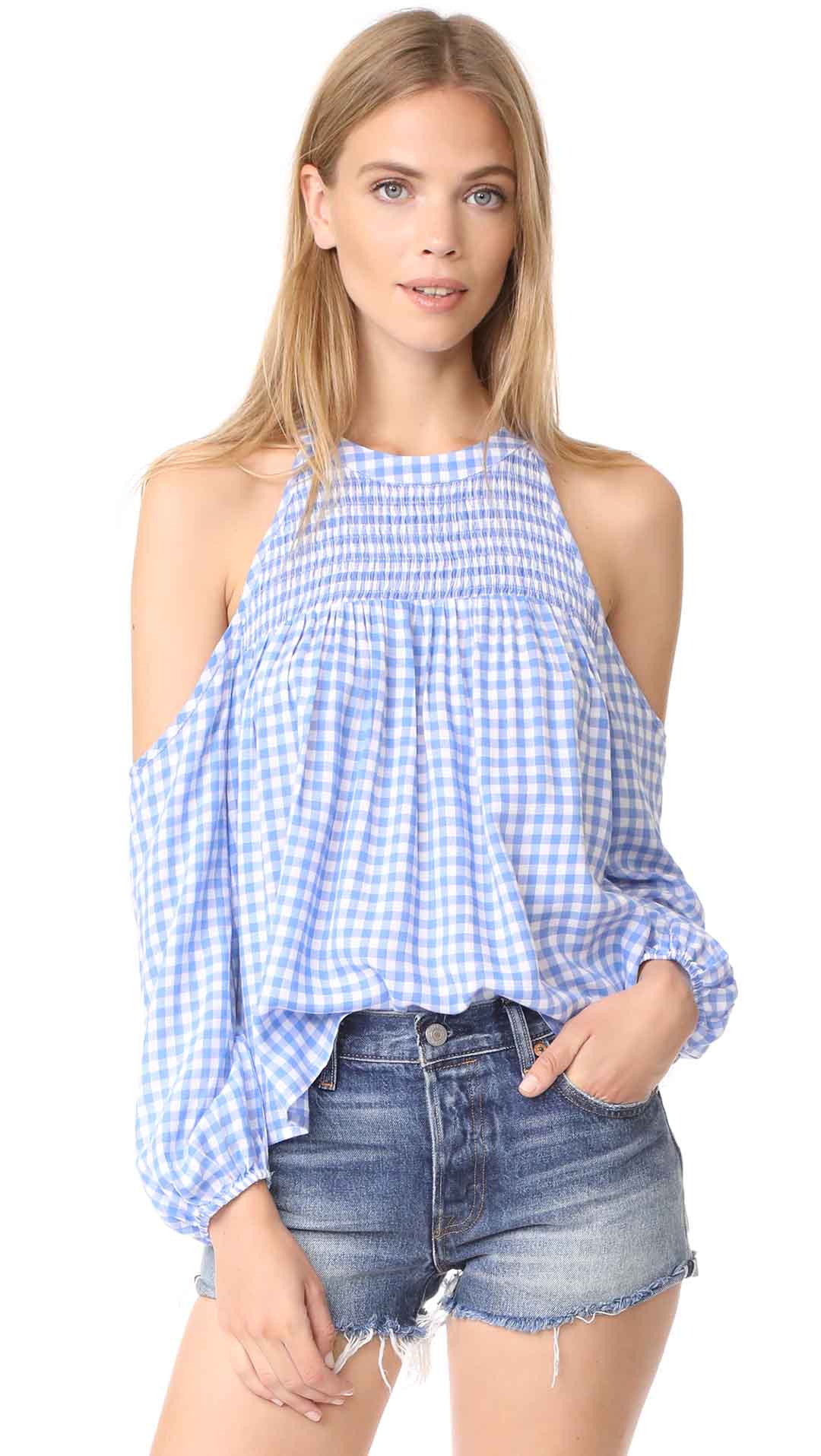 re:named Picca Cold Shoulder Top Blue White Gingham shopbop labor day sale