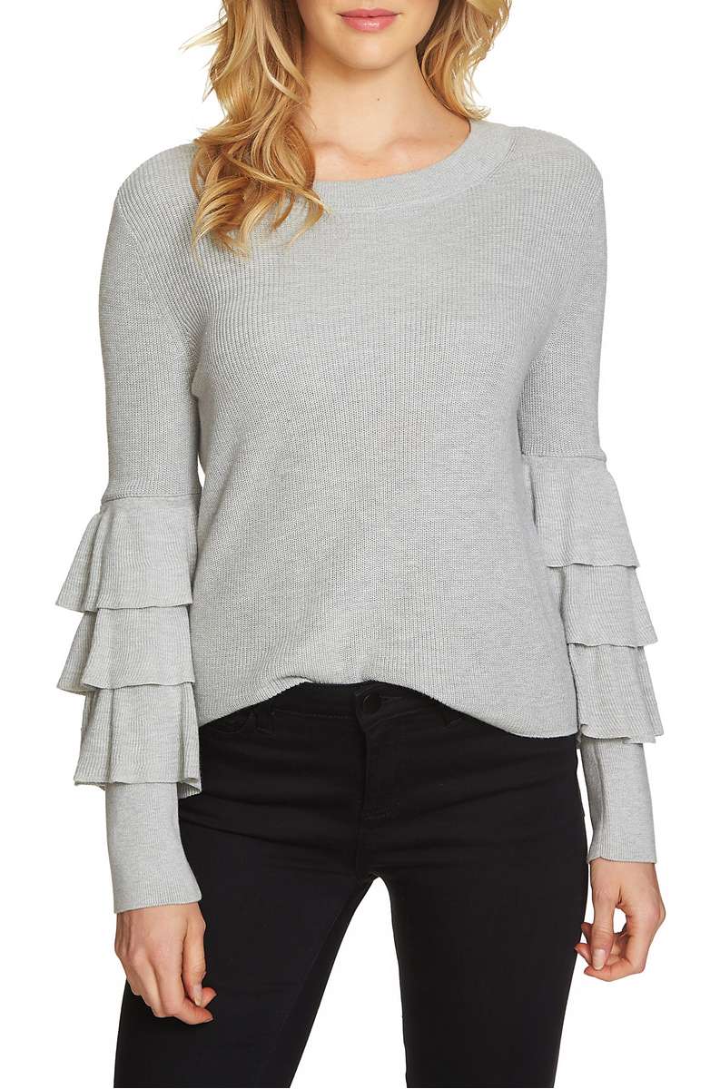 1.STATE Tiered Ruffle Sleeve Sweater Grey Heather ruffle sweaters fall winter 