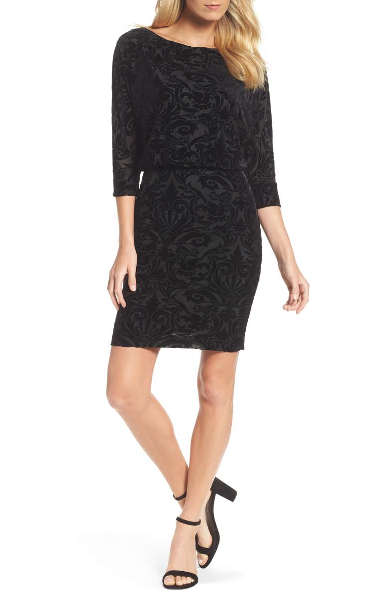 Adrianna Papell Burnout Velvet Blouson Dress Black velvet dresses holiday parties