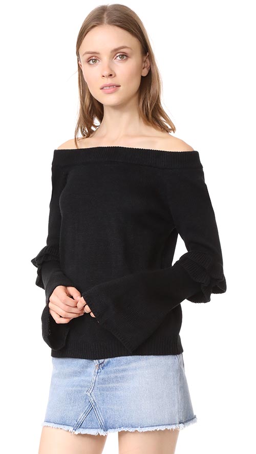 After Market Off Shoulder Ruffle Sweater Black