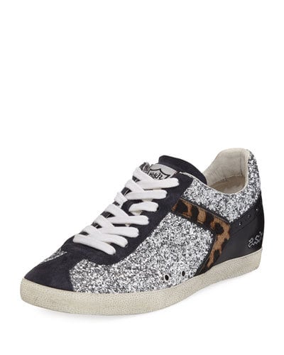 Ash Glittered Fur-Trim Low-Top Sneaker, Silver leopard print sneakers fall 2017