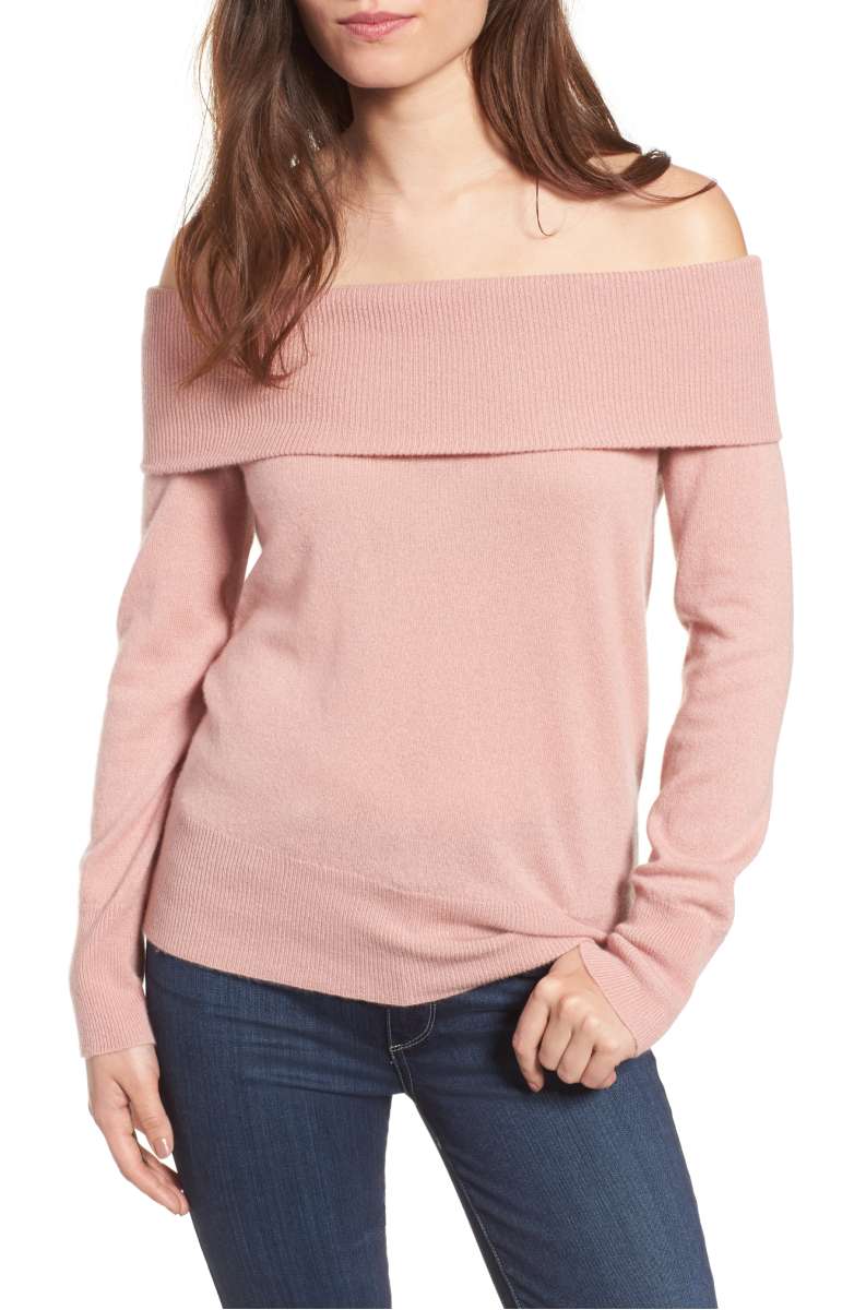 CUPCAKES AND CASHMERE Roderick Off the Shoulder Cashmere Sweater Misty Rose off the shoulder sweaters fall 2017 