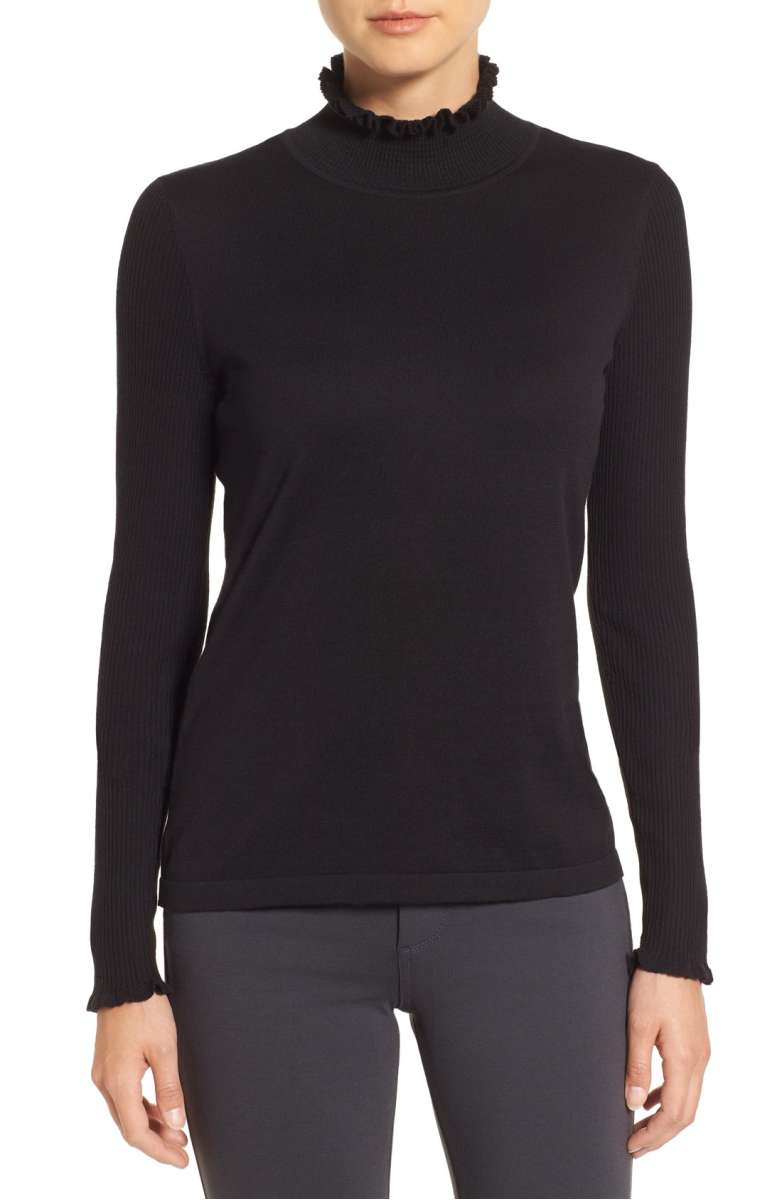 CeCe Rib Sleeve Ruffle Trim Turtleneck Rich Black ruffle sweaters fall winter