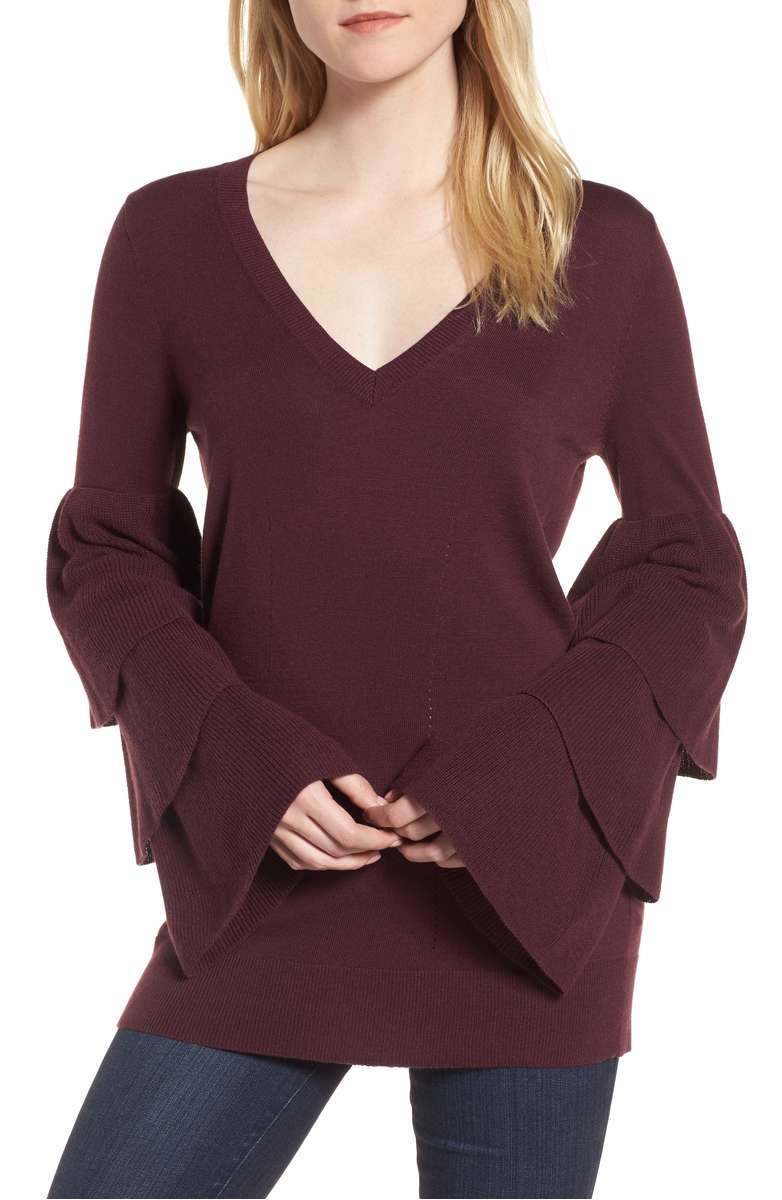 Chelsea28 Tiered Sleeve Sweater Burgundy Stem ruffle sweaters fall winter