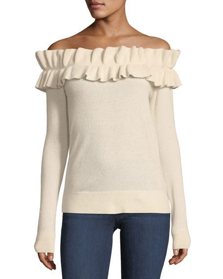 Club Monaco Perrinney Off-the-Shoulder Cashmere Pullover Sweater Pink off the shoulder sweaters fall winter