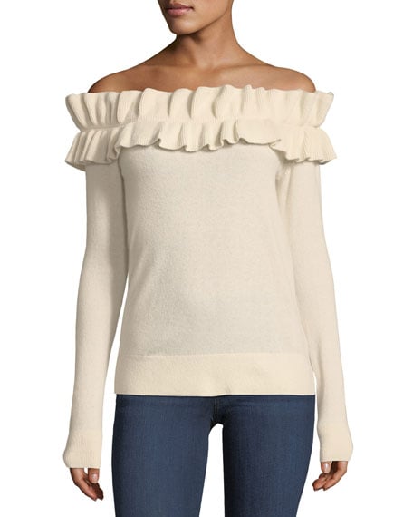 Club Monaco Perrinney Off-the-Shoulder Cashmere Pullover Sweater Pink ruffle sweaters fall winter