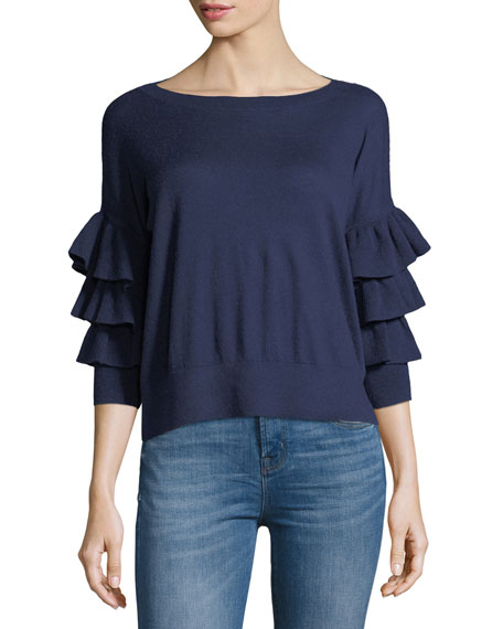 Club Monaco Tyrena Boat-Neck Tiered Ruffle-Sleeve Cashmere Sweater Blue ruffle sweaters fall winter