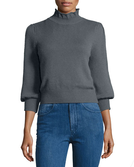 Co Peasant-Sleeve Ruffle-Neck Sweater Medium Blue ruffle sweaters fall winter