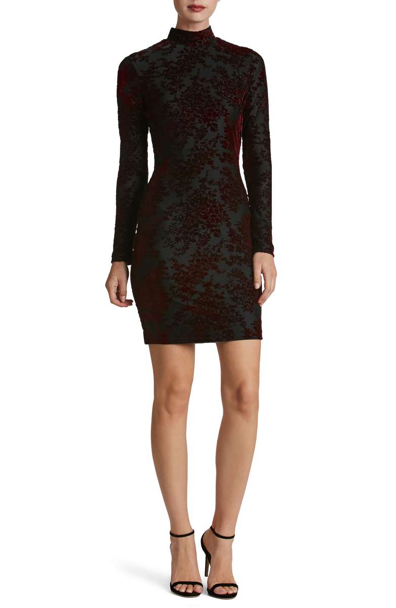 DRESS THE POPULATION Dana Floral Velvet Body-Con Dress Burgundy Black velvet dresses holiday party