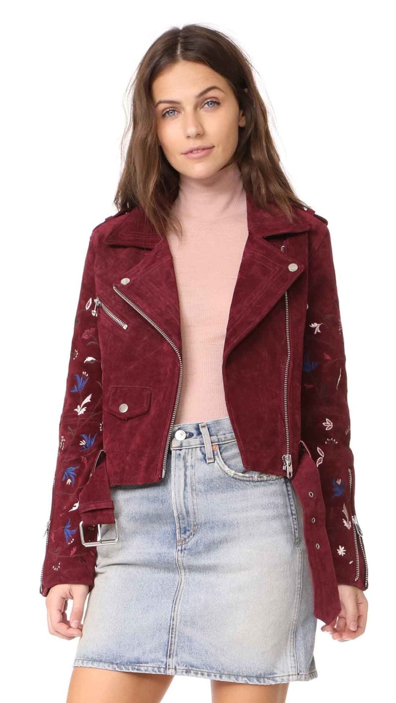 Driftwood Embroidered Suede Moto Jacket Burgundy suede moto jackets fall 2017