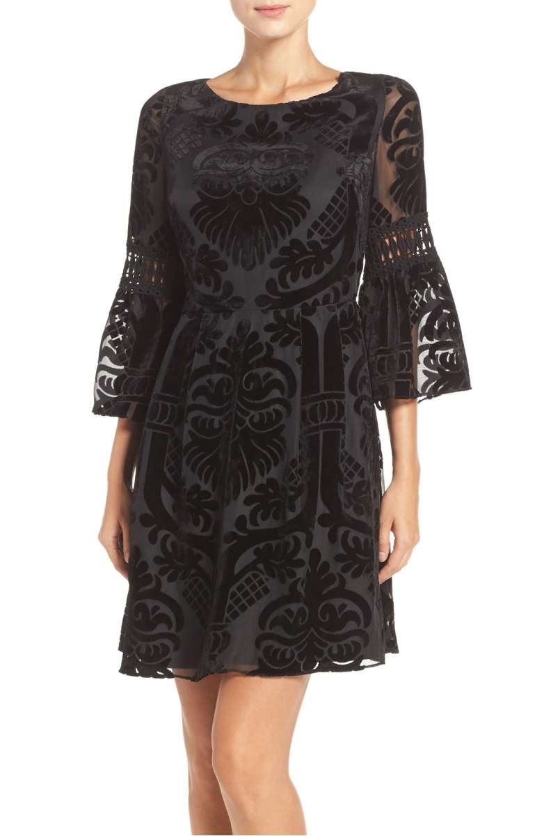 ELIZA J Burnout Velvet Fit & Flare Dress Bell Sleeves Black velvet dresses fall winter holiday party season
