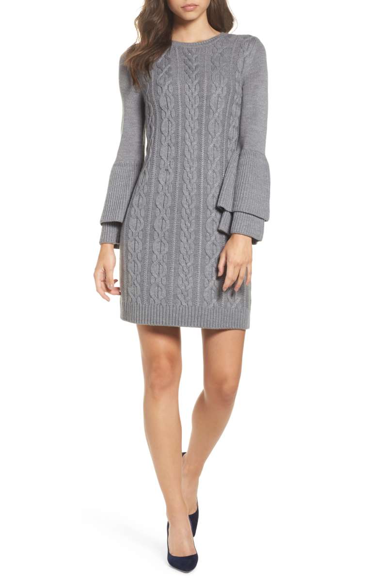 ELIZA J Mixed Cable Sweater Dress Bell Sleeves Grey sweater dresses fall winter